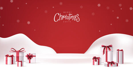 Merry Christmas banner winter landscape background and snow product display cylindrical shape decorate with gift box