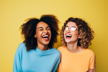 Two lesbians laugh together against a yellow backdrop, two lesbian women share a laugh together against a yellow background - obrazy, fototapety, plakaty
