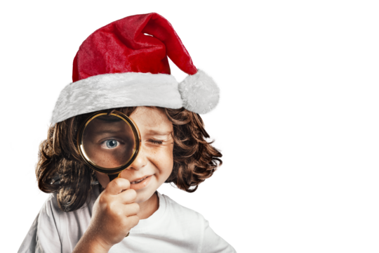 Child see through magnifying glass on the png backgrounds.