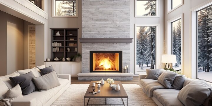 room with gray sofa, fireplace at home