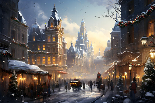 Magical Winter Wonderland, Festive Christmas Shopping Street with Holiday Fair, Xmas Market, and Joyful Crowds