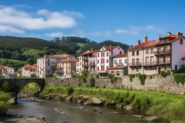 Spanish town Llanera in Asturias region with a background image. Generative AI