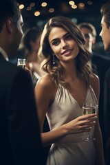 Beautiful woman enjoying wine at night at a party