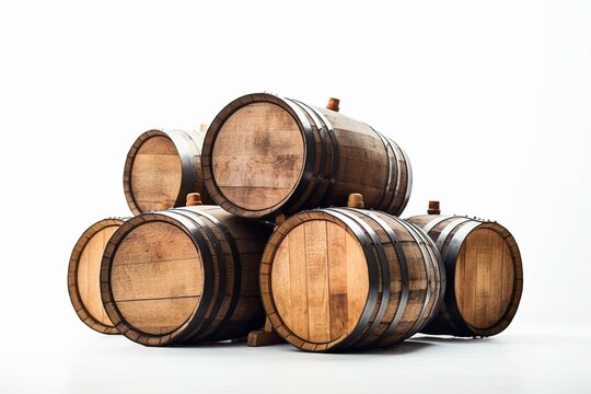 White background with wooden barrels. Generative AI
