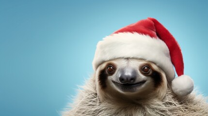 Portrait of smiling sloth with santa hat on head isolated on blue background.