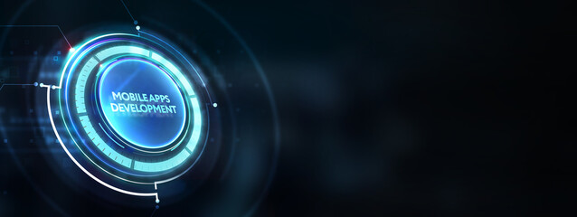 Inscription MOBILE APPS DEVELOPMENT on the virtual display. Cloud technology concept. 3d illustration