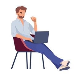 A man with a laptop sits on a chair and works. Online communication. Office people. Vector image.