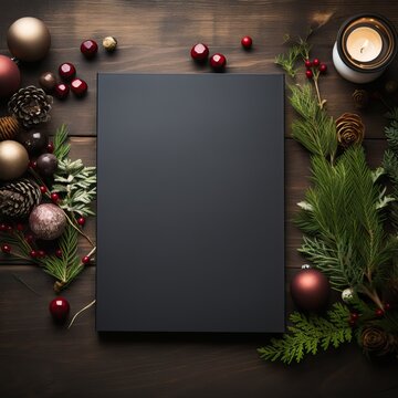 Mockup poster in interior, Christmas concept. Blank wrapped canvas and Christmas decoration. Copy space for message or photo.
