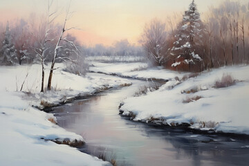 Winter's Serenity: An Oil Painting of a Tranquil River Landscape Blanketed in Snow