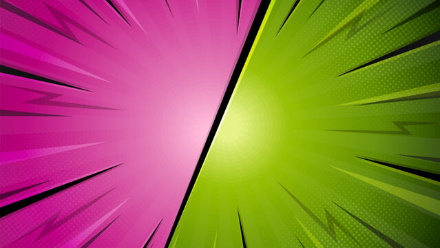 Pink and green comic style background with lightning and halftone effect. Flat versus comic style background. Before and after background template.