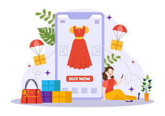 Mobile E-Commerce Vector Illustration of Smart Phone for Activities of Online Shopping and Digital Marketing Promotion with Bag and Gift Box Design