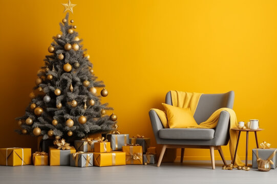 Christmas tree in front of a yellow wall,  place for text