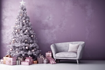 Christmas tree in front of a purple wall,  place for text