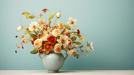 Vase with beautiful flowers on light background