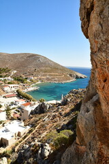 Fototapeta na wymiar vlichadia bay from climbing rock above kalymnos greece
