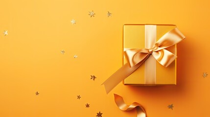 Yellow gift box with golden bow on yellow background. Top view. Banner copy space, Ai generative