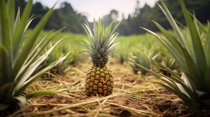 Fototapeta premium Pineapple tropical fruit growing in garden. space for texture