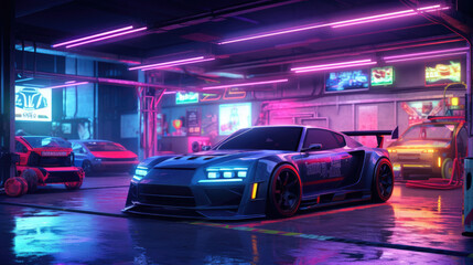 A neon-lit cyberpunk garage filled with vehicles