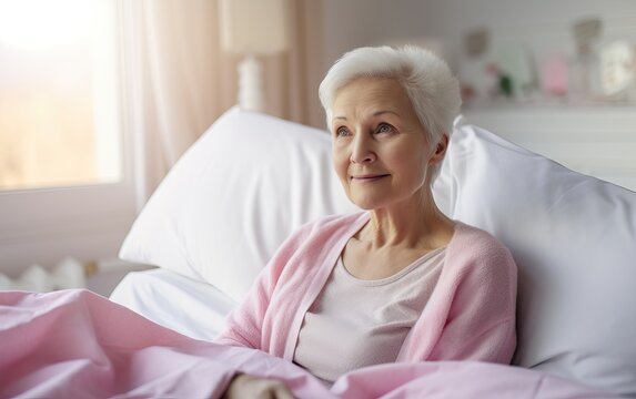 Senior sad woman wearing headscarf, suffering from bone cancer sitting alone at a hospital