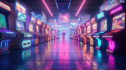 Neon-lit retro arcade games in a cyber lounge