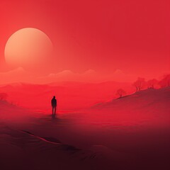 Fototapeta na wymiar Red minimalistic landscape in the desert, image of nature, sky, hills