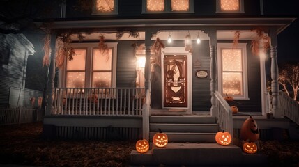 Night view of the glowing house with an entrance staircase and a pumpkin decoration for Halloween