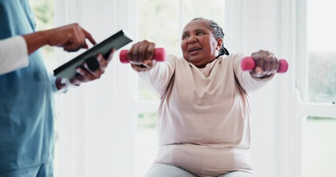 Physiotherapy, tablet and dumbbell with a black woman patient in a clinic for rehabilitation or recovery from injury. Weight, healthcare or medical with a physiotherapist and client for assessment