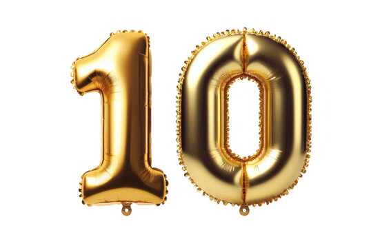 Ten number 10 font golden balloon isolated on white transparent background, PNG - Powered by Adobe