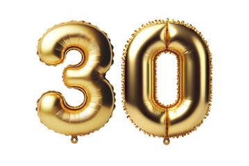 30 number thirty font golden balloon isolated on white transparent background, PNG - obrazy, fototapety, plakaty