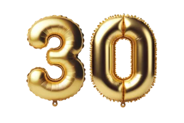 Fotobehang 30 number thirty font golden balloon isolated on white transparent background, PNG © Rawf8