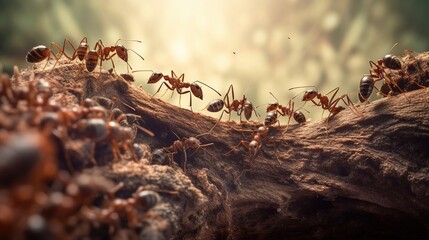 A close-up view of an ant colony. Created with Generative Ai technology. - obrazy, fototapety, plakaty