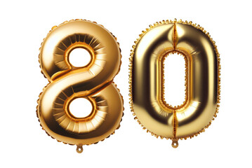 80 number eighty font golden balloon isolated on white transparent background, PNG - obrazy, fototapety, plakaty