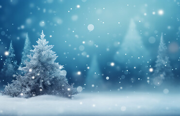 Beautiful winter Christmas nature background image of frosted spruce branches and small drifts of pure snow with bokeh Christmas lights and space for text.