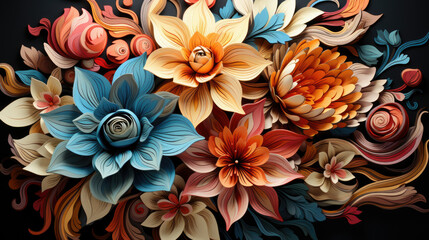 Multicolor paper flowers and leaves. The colors of the paper