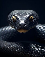 Close up portrait of a black mamba with piercing eyes in dark background