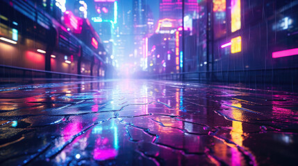Neon-tinged reflections in a cyberpunk rainy night
