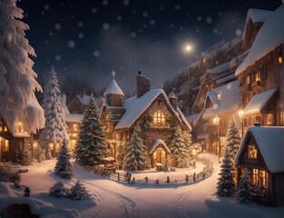 Christmas winter fairy village landscape horizontally and vertically