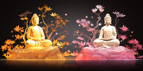 Glowing golden buddha and colorful flowers decoration