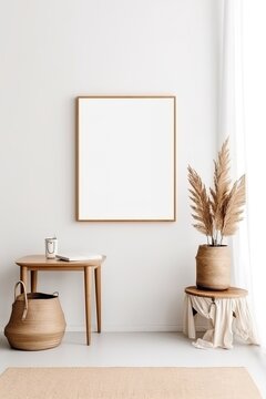 A cozy living room with a picture frame hanging on the wall next to a wooden table. The picture frame is empty, allowing the viewer to imagine what kind of art or photo could be displayed inside