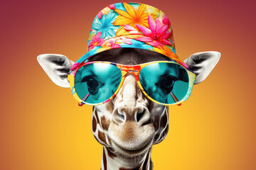 Cartoon colorful giraffe with sunglasses and a hat - obrazy, fototapety, plakaty