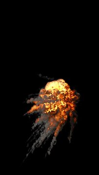 Video effect aerial massive explosion with smoke. 3d HQ animation in vertical aspect ratio 4K 2160x3840 resolution, 30fps with alpha channel (transparency).