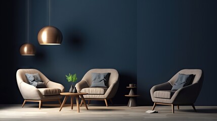 3d living room interior mockup in warm tones with armchair on empty dark blue wall background