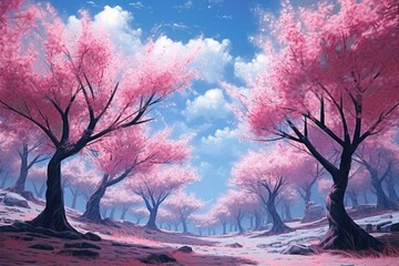 Landscape with pink cherry blossom trees against sky. Generative AI