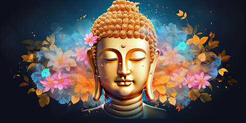 Glowing golden buddha and colorful flowers decoration - obrazy, fototapety, plakaty