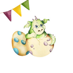 cute funny cartoon green dragon in an egg. Watercolor illustration . Children's illusion. for the design of postcards, prints.