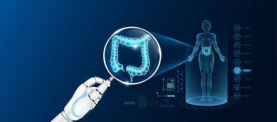 Doctor robot hand holding magnifying glass looking intestine analysis and anatomy hologram of the female body. Diagnosis with AI artificial intelligence technology. Innovative medical healthcare.