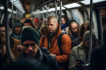 A big crowd of people in the subway metro in rush hour on their way home driving with trains - obrazy, fototapety, plakaty