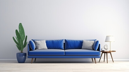 View of living room with deep blue sofa and side table