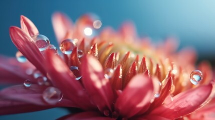 Beautiful drop of water morning dew on petals of pink chrysanthemum flower,beautiful flower wallpaper background - obrazy, fototapety, plakaty