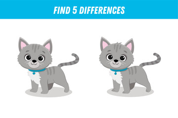 Find five differences between two pictures of cute grey cat. Cartoon grey kitten isolated on white. Vector illustration